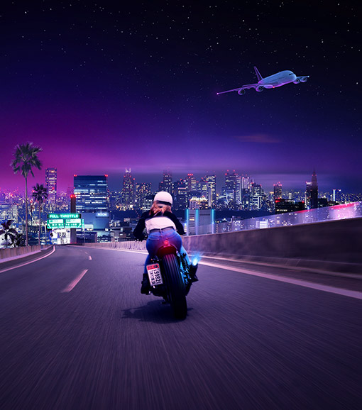 Outrun biker on the Tokyo highway