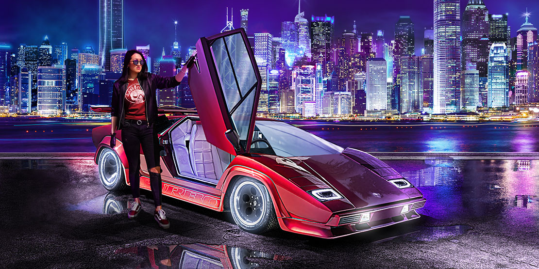 Lamborghini Countach in the future Hong Kong is an amazing view