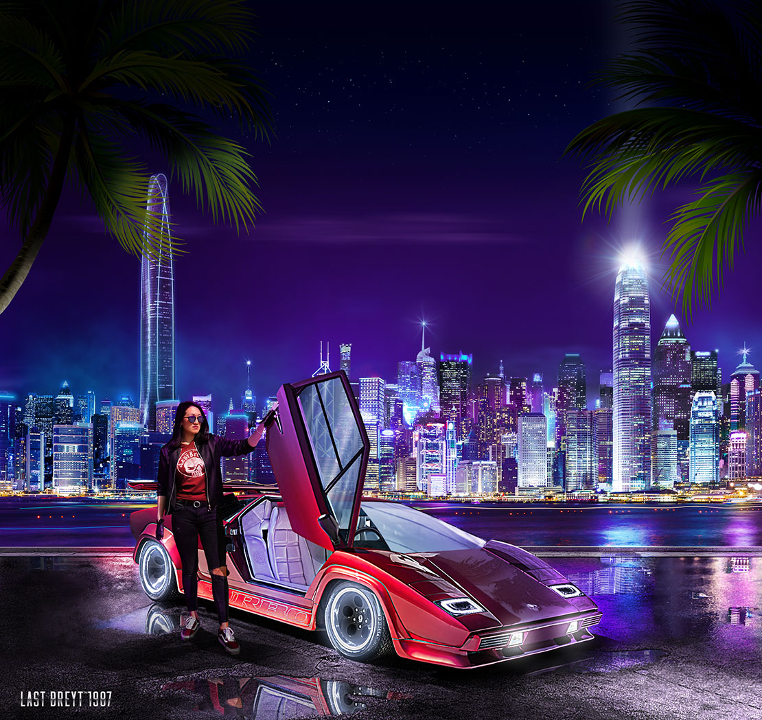 Lamborghini Countach in the future Hong Kong is an amazing view Synthwave outrun car