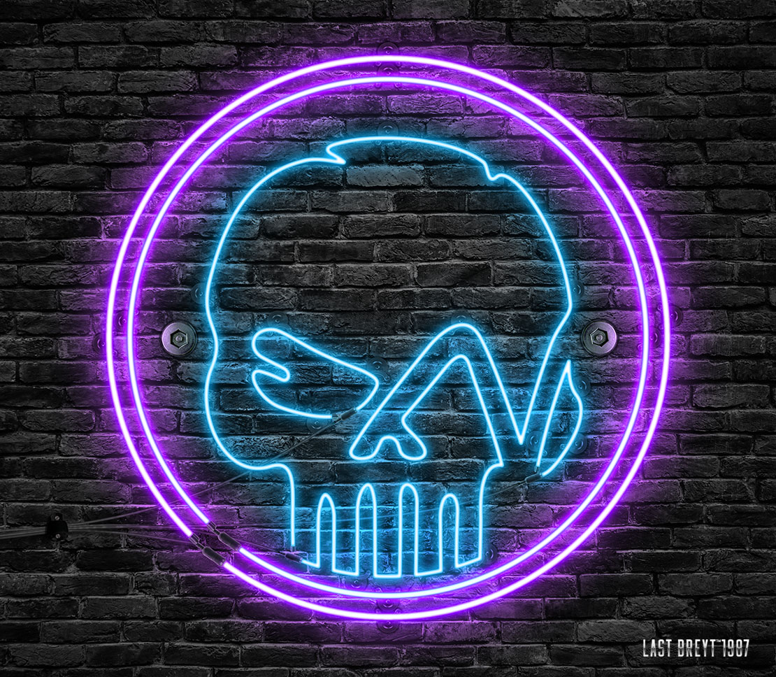 The neon Last Breyt skull synthwave cyberpunk signboard